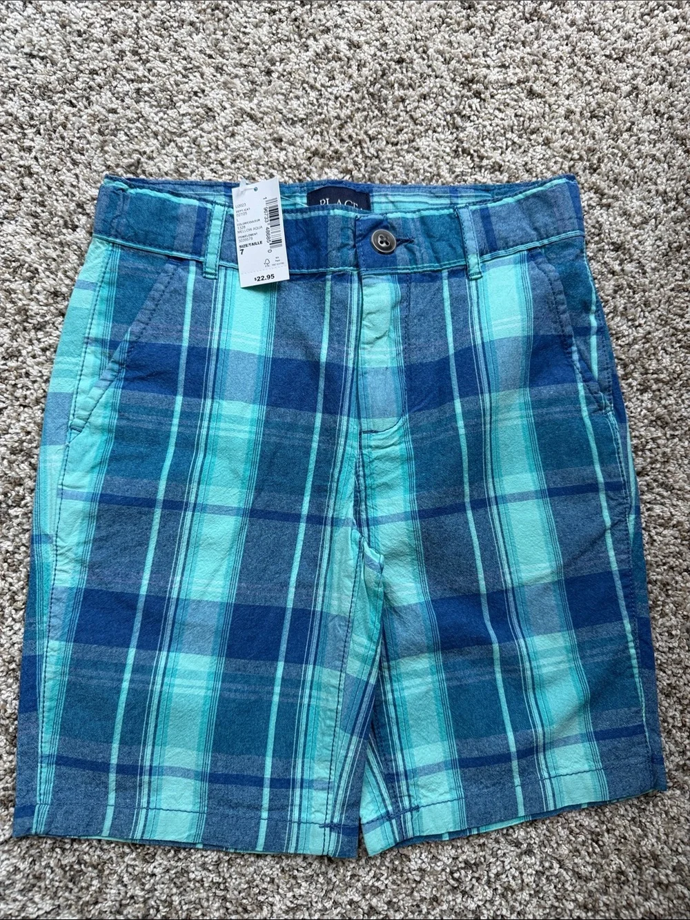 NWT Children's Place boys Teal and Navy Plaid Shorts size 7